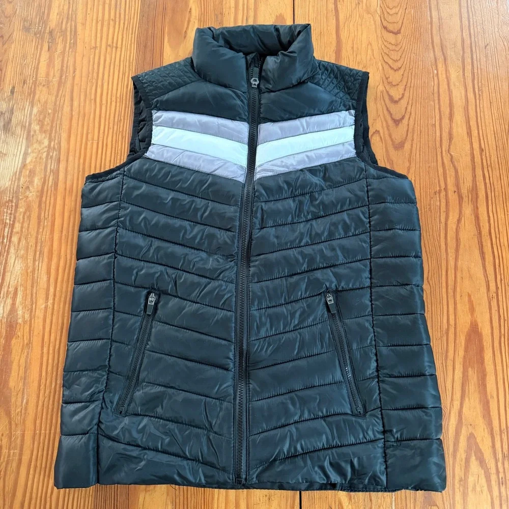 Fabletics Womens Puffer Vest‎ Black Grey White Chevron Stripe Quilted Full Zip S